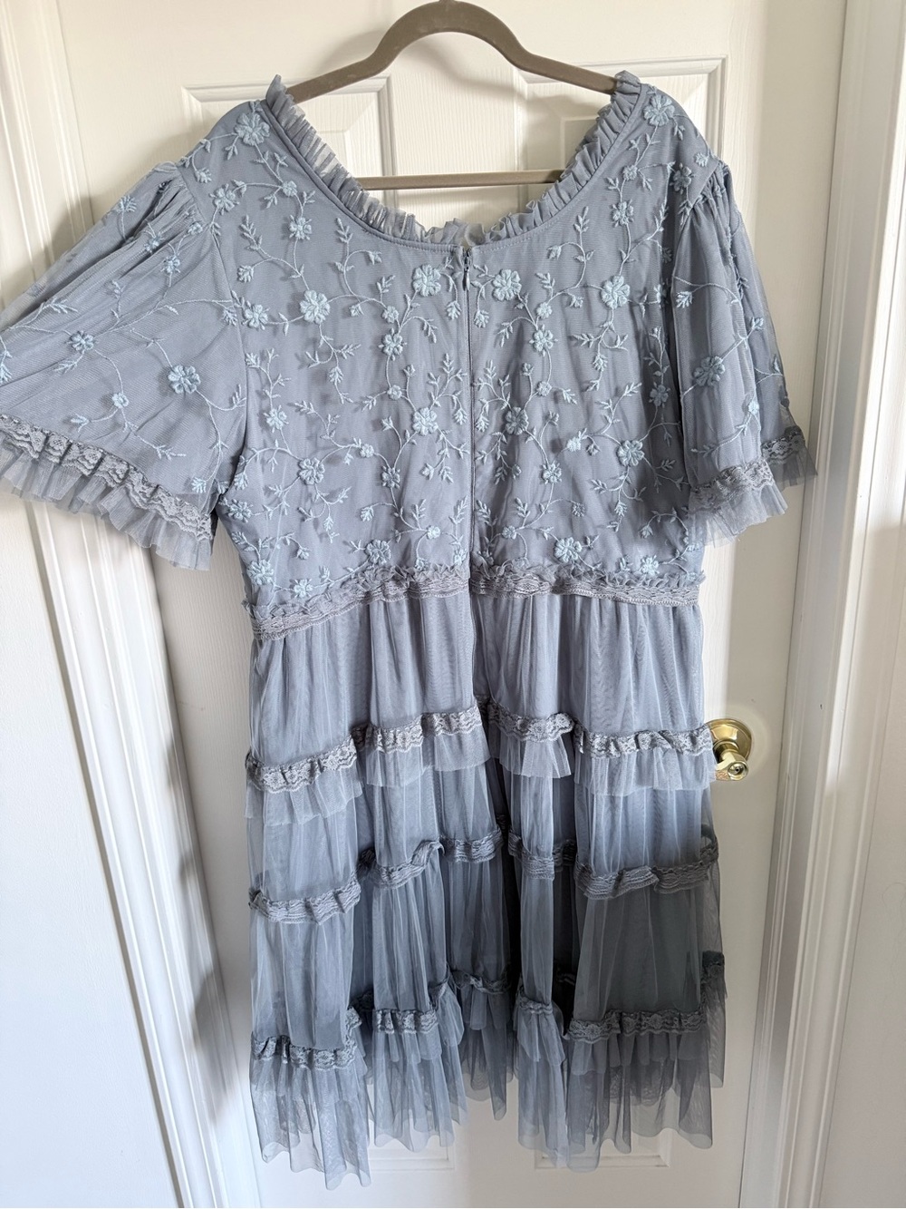 JessaKae Harper Slate Blue floral Embroidered Tiered Tulle Dress, like new 2x - Picture 8 of 14
